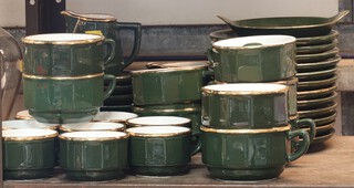 A 20th Century French Apilco coffee set comprising 8 small coffee cups, small saucers, 8 large coffee cups, 12 small plates and a milk jug 