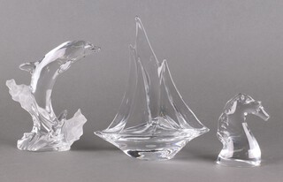 A Daum glass boat (chipped), a  Lenox Glass dolphin 17cm and a glass horses bust 10cm 
