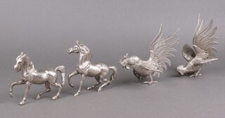 Two silver plated figures of cockerels and 2 of horses 