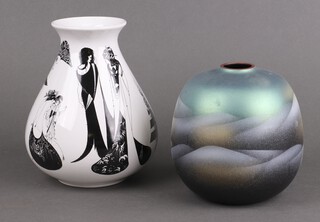 A contemporary Japanese ceramic bulbous vase decorated with mountains 16cm and a Poole Beardsley Collection vase decorated with stylised ladies 19cm 