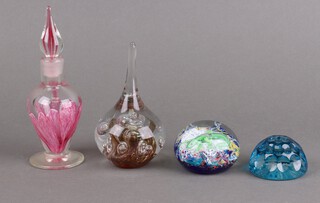 A Studio Glass pink and clear scent bottle 20cm and 3 paperweights 