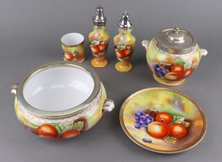 An Aynsley style porcelain biscuit jar and cover decorated with fruits, 2 condiments, a salad bowl, cup and plat, together with a pair of Noritake candlesticks decorated a dessert scene, matching trinket box and cover (lid a/f) and 2 other items 