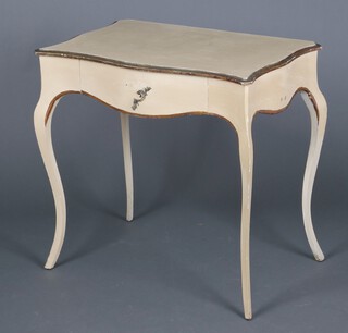 A French grey painted table of serpentine outline, raised on cabriole supports 75cm h x 77cm w x 50cm d 