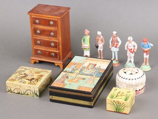 A modern painted Indian square trinket box decorated with a hunting scene, other boxes and painted ceramic figures 