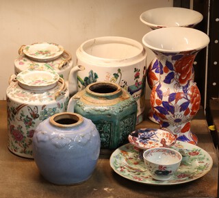 A Celadon plate decorated with insects and flowers 20cm, 2 Cantonese teapots, a cylindrical jar (no cover), 2 ginger jars, a tea bowl and stand (all a/f) together with a pair of Imari baluster vases with flared necks 23cm 