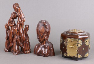 A brass mounted Chinese octagonal box and cover 13cm, 2 carved wooden figures 