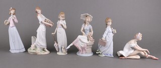 A Lladro figure of a girl holding a dove 7611 22cm, a seated ballerina 10cm, a girl with a posy 7604 7cm, lady with a puppy 7612 23cm, lady with a basket of flowers 24cm and a lady with a basket of flowers 7704 25cm (all a/f) 