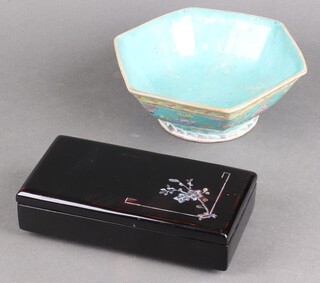 A black lacquered rectangular box and cover decorated flowers 20cm and a hexagonal Chinese bowl decorated with flowers 19cm 