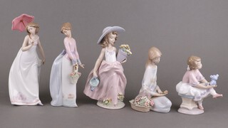 Five Lladro figures - girl holding a teddybear 7620 16cm, girl holding a pot of flowers 7676 23cm, lady holding a parasol 7636 27cm, lady holding a basket of flowers 7622 25cm (a/f) and girl seated with a basket of flowers 16cm (a/f)