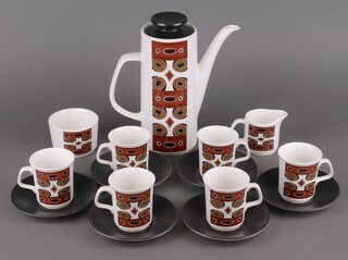 A mid-century Meakin Studio Pottery coffee set comprising coffee pot and lid, 6 cups, 6 saucers, sugar bowl and cream jug