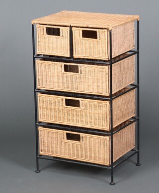 A rectangular metal framed and wicker chest of 2 short and 3 long drawers 82cm h x 46cm w x 34cm d 