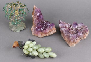 2 amethyst specimen 20cm and 17cm, a hardstone tree and a bunch of grapes 