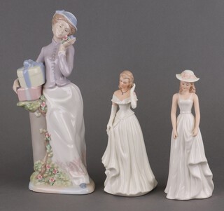 A Continental figure of a lady standing beside a column 30cm, 2 others each 20cm 