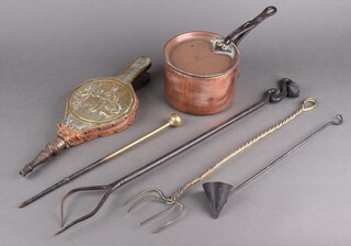 A copper saucepan and lid, pair of bellows and 4 fireside implements 