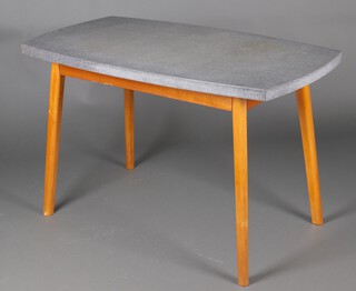 A mid-century shaped  beech framed and formica topped kitchen table, on outswept supports 75cm h x 117cm w x 69cm d 