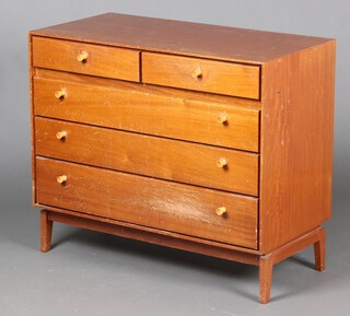 Minty, a mid-century teak finished chest of 2 short and 3 long drawers, on square supports 78cm h x 91cm w x 45cm d (contact marks in places)