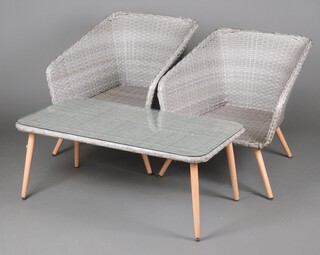 A pair of beech framed and woven plastic garden/conservatory chairs 79cm h x 72cm w x 75cm d, together with a rectangular occasional table 