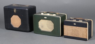 A Roberts portable radio contained in a green carrying case and 2 other Roberts radios in green cases