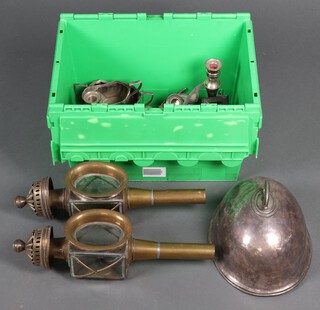 A pair of reproduction brass coaching lamp (1 a/f), a silver plated metal cover and other silver plated candlesticks 