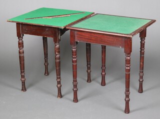 Lyle, a mahogany square folding card table with green baize top on turned supports 71cm h x 60cm w and 1 other (a/f) 