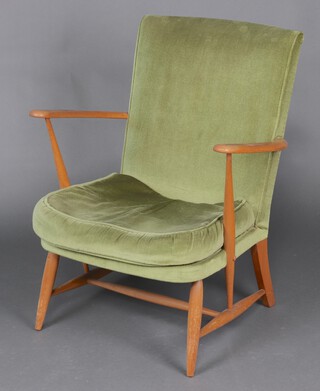 An Ercol beech and elm open arm chair upholstered in green material, raised on turned supports 80cm h x 56cm w x 48cm d 