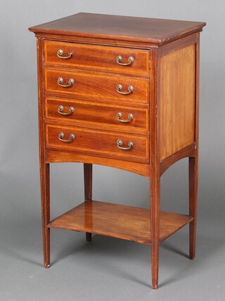 An Edwardian inlaid mahogany sheet music chest of 3 drawers with recess, raised on square tapered supports 91cm h x 53cm w x 37cm d 
