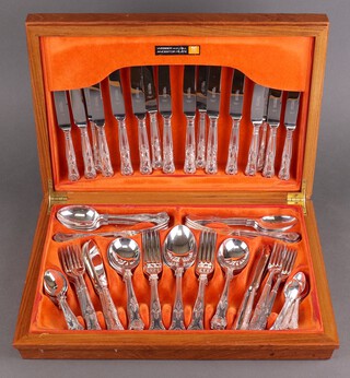 A canteen of Webber and Hall silver plated Kings pattern flatware, in a teak box