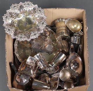 A silver plated pierced circular bowl, 3 silver plated salvers and other plated items