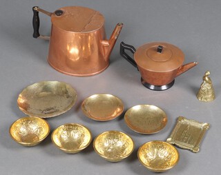 An oval copper canteen style teapot 18cm, an Art Deco copper and black Bakelite teapot and a small collection of brassware