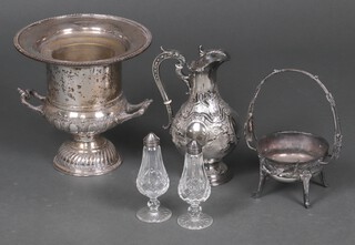 A silver plated twin handled wine cooler 24cm, a Britannia metal hot water ewer, a Roger Brothers silver plated basket and a pair of cut glass peppers with silver mounts 