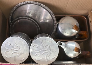 A Picquot ware teapot and hot water jug, a chrome tray, a copper planter and other items of metalware 
