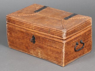 A rectangular Eastern wicker work box with fitted interior, metal hinges 26cm x 50cm x 31cm 