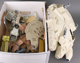 Star Wars by Palitoy, a collection of vintage play sets to include Millennium Falcon (no training balls), Scout Walker, Speeder, 2 Weapons Maintenance Stores, Ewok Glider, etc (all with parts missing)  