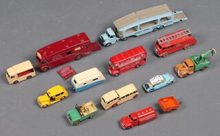 A collection of play worn Dinky die cast toys to include Supertoys horse box, Commer pick up truck, Supertoys car transporter, Land Rover, Esso lorry etc