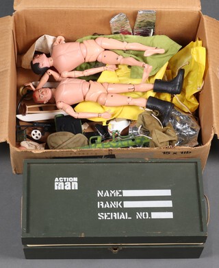 Action Man by Palitoy, a collection of Action Men, outfits and weaponry, life rafts, guns, helmets, boots etc, together with a Action Man green accessory box with inner tray (with weapons, deep sea diver masks, flask, grenades etc) 