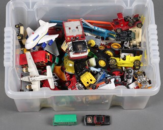 A collection of play worn Dinky, Matchbox and Corgi model cars to include Corgi Rockets Mercedes 280SL (from On Her Majesty's Secret Service) and an early Lesney Pickfords Branded removal van 