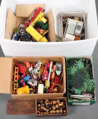 A collection of play worn Dinky and Corgi cars together with farm vehicles and a collection of Britains plastic scenery and farm animals, together with a St George pattern chess set 