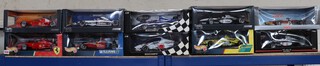 Eight Hot Wheels 1.18 scale models of Formula One racing cars, boxed together with a Quartzo model racing car and a Minichamps model racing car 