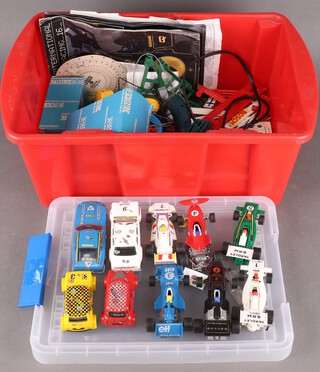 Ten Scalextric slot cars together with hand controllers and a quantity of track 
