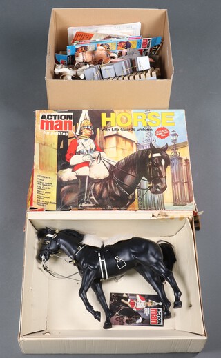 Action Man by Palitoy, eight figures (all a/f), 2 Action Man books, Action Man Footballer, Artic Explorer, Helicopter Pilot box and various box inserts, a husky and sledge together with an Action Man Life Guards horse boxed (there is no figure) 