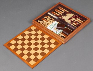 A Staunton pattern chess set together with a Backgammon set contained in an inlaid mahogany case 5cm h x 39cm w x 39cm d 