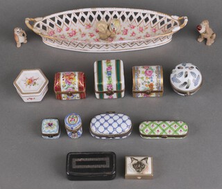 A pierced porcelain 2 handled dish and a small collection of boxes with metal mounts 