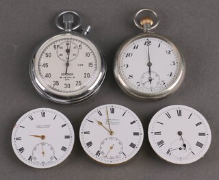 A chromium cased pocket watch, 3 watch movements and a pocket watch 