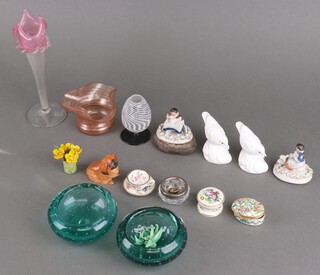 Two Studio green glass shallow bowls and a collection of decorative china and glass