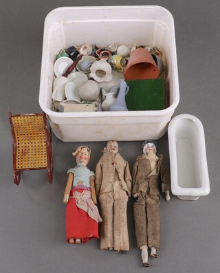 A bisque headed doll and a quantity of doll house furnishings 