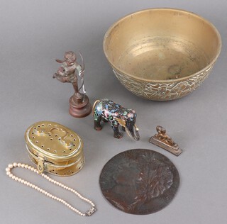 A polished Chinese bronze bowl decorated figures, string of simulated pearls and other curios 