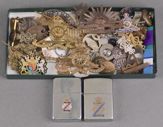 A quantity of Army badges and cigarette lighters, together with a pewter circular pot and cover  etc 