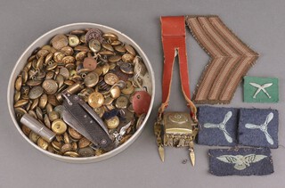 A quantity of WWII buttons, Army jack knife, etc 