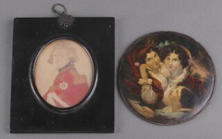 A papiermache snuff box lid decorated with 3 ladies and a miniature portrait of a gentleman 