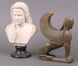 A composition bust of Bach 23cm and a pottery Egyptianesque figure 19cm 